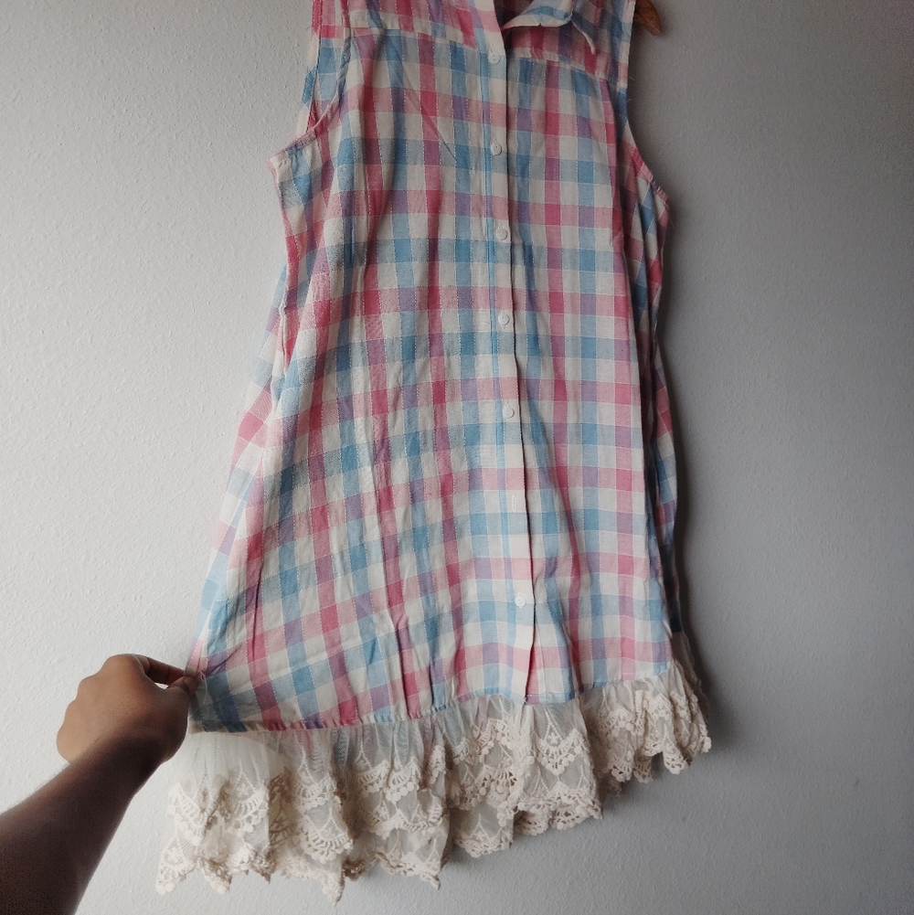 Hayden Colorful Plaid Sleeveless Dress with Lace Hem - Picture 3 of 5